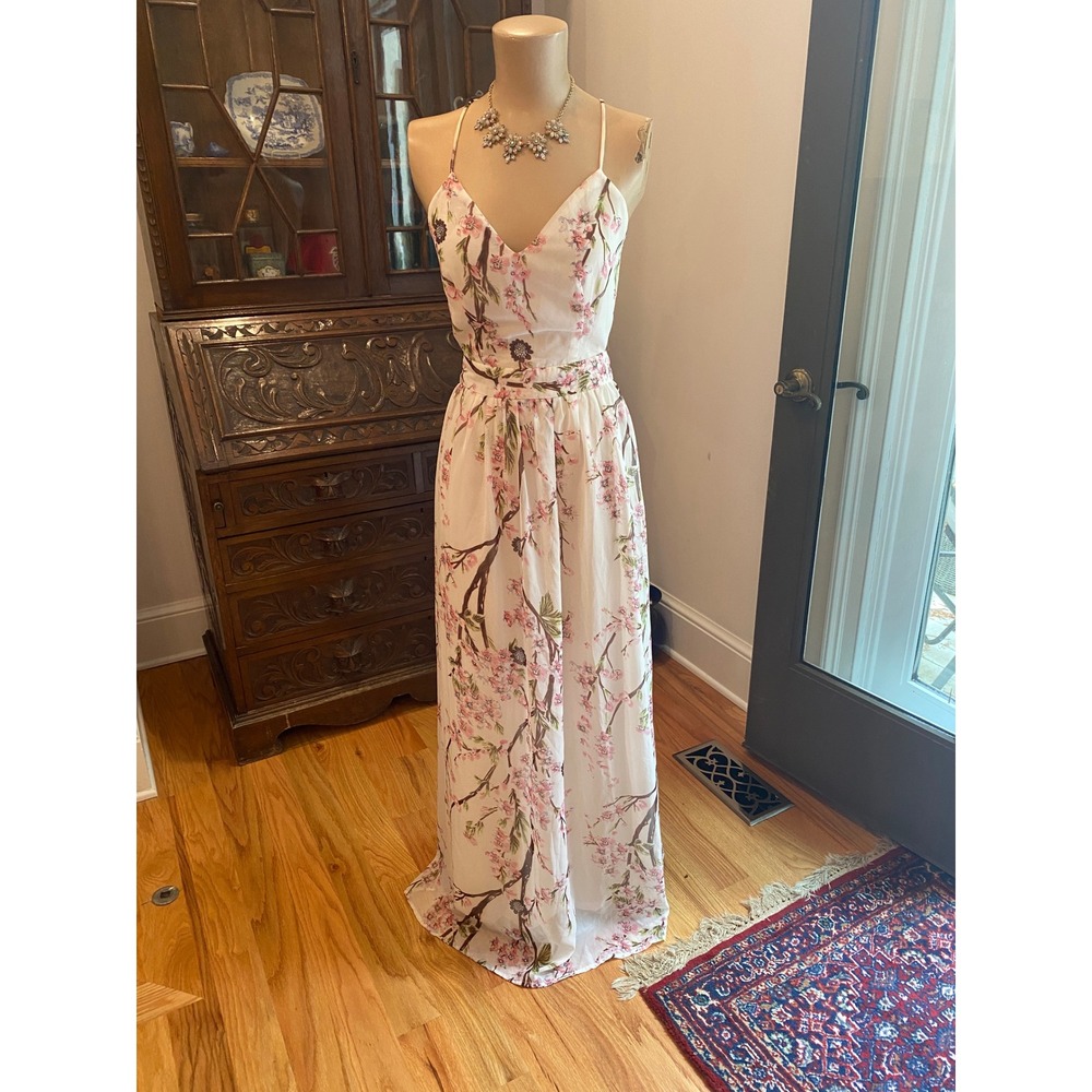 White Floral Cherry Blossom Open Back Maxi Dress‎ V-Neck Spaghetti Strap Formal